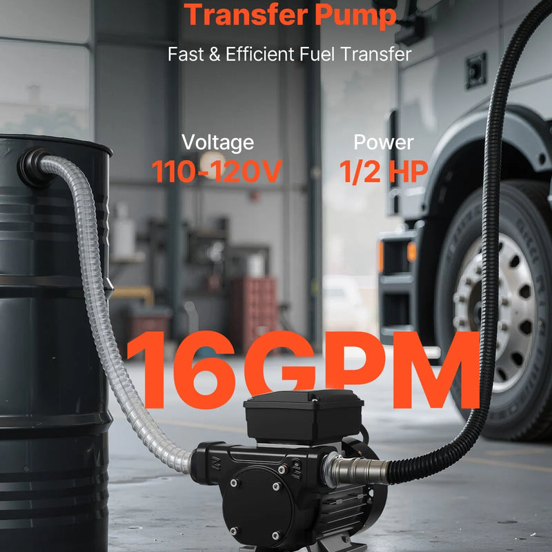 VEVOR degvielas pārsūknēšanas sūknis 230 V, 60 L/min, AC elektriskais eļļas sūknis dīzeļdegvielai, petrolejai un biodīzeļdegvielai, ar automātisku degvielas pistoli un 2 šļūtenēm, maks. pacelšana 13,7 m, piemērots transportlīdzekļiem un būvlaukumiem