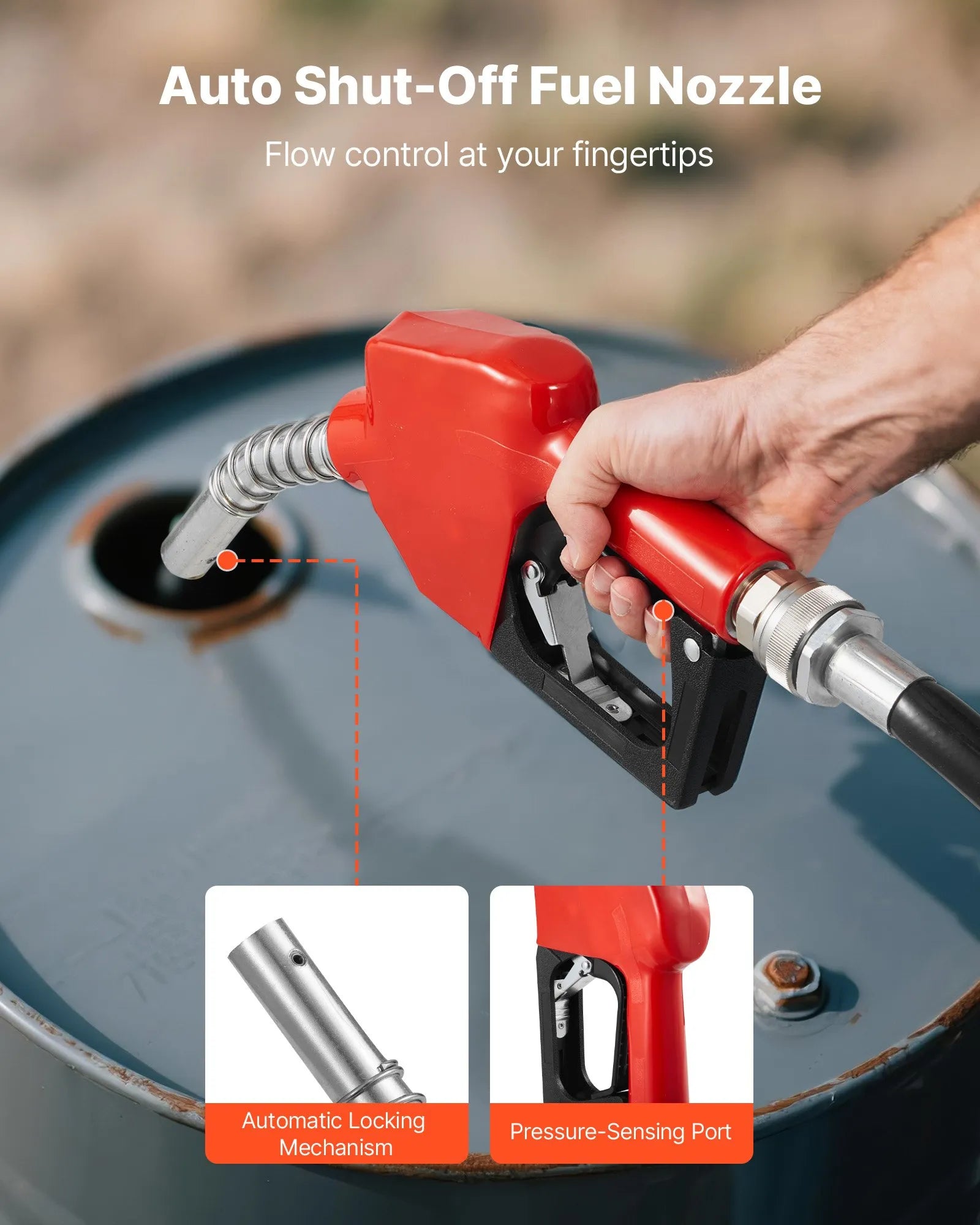 VEVOR degvielas pārsūknēšanas sūknis 230 V 57 l/min ar automātisku degvielas pistoli un izplūdes šļūteni benzīnam, dīzeļdegvielai, petrolejai, biodīzeļdegvielai un etanola maisījumiem