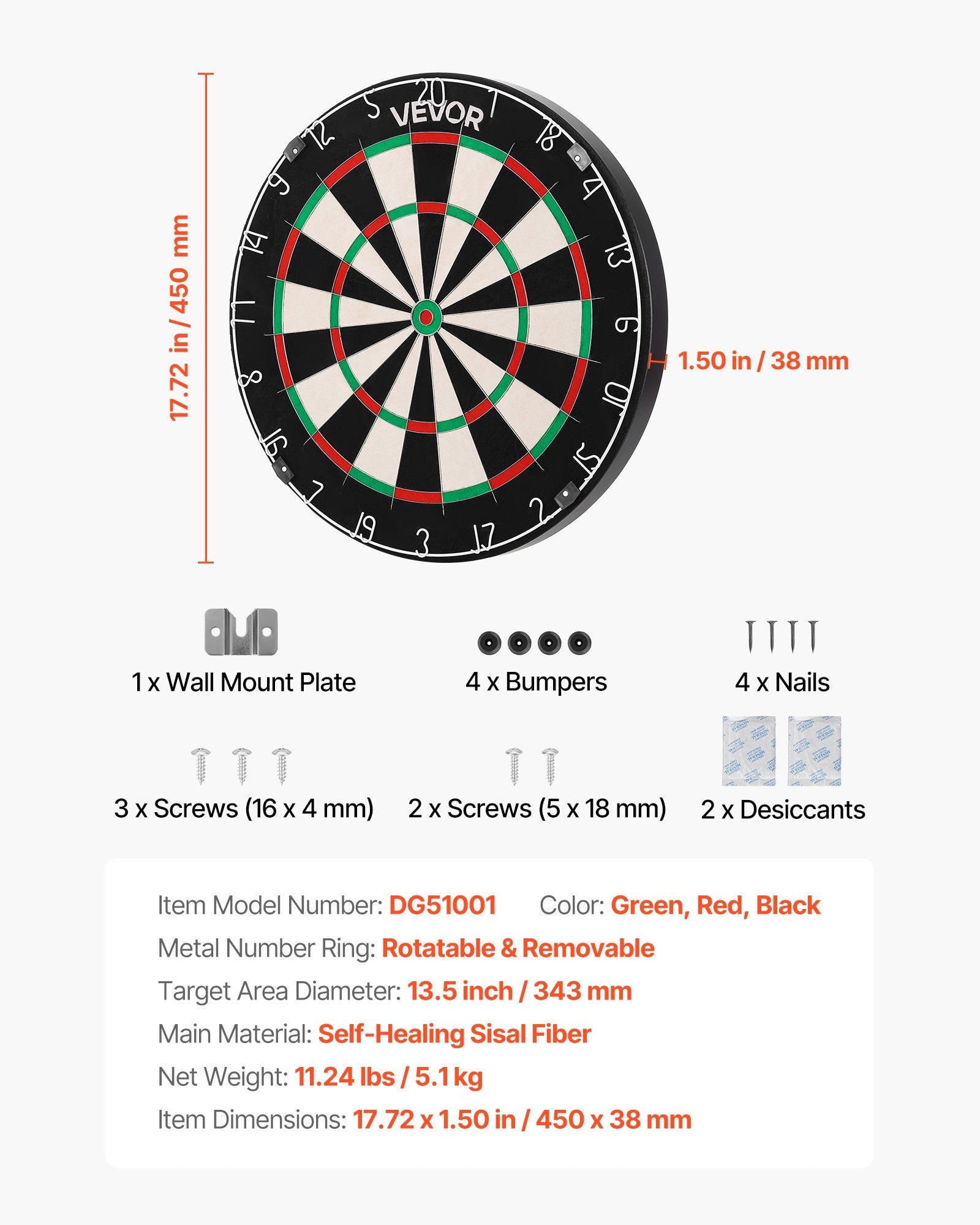 VEVOR šautriņu dēlis 450 mm, augstas kvalitātes šautriņu dēlis ar skavu brīvu bullseye centru, asmens tipa stiepli un rotējošu ciparu gredzenu, profesionāls šautriņu dēlis mājas ballītēm un spēļu istabai (šautriņas nav iekļautas)
