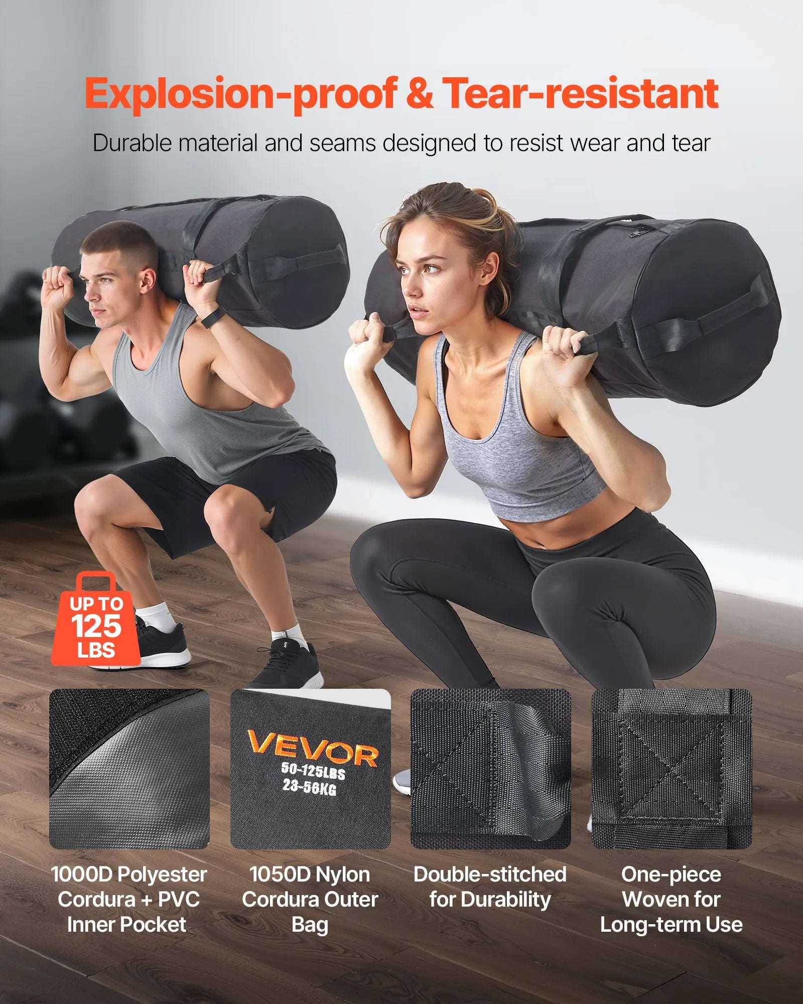 VEVOR regulējams treniņu smilšu maiss ar rokturiem, 23–56 kg, fitnesa un spēka treniņiem, melns (bez pildījuma)