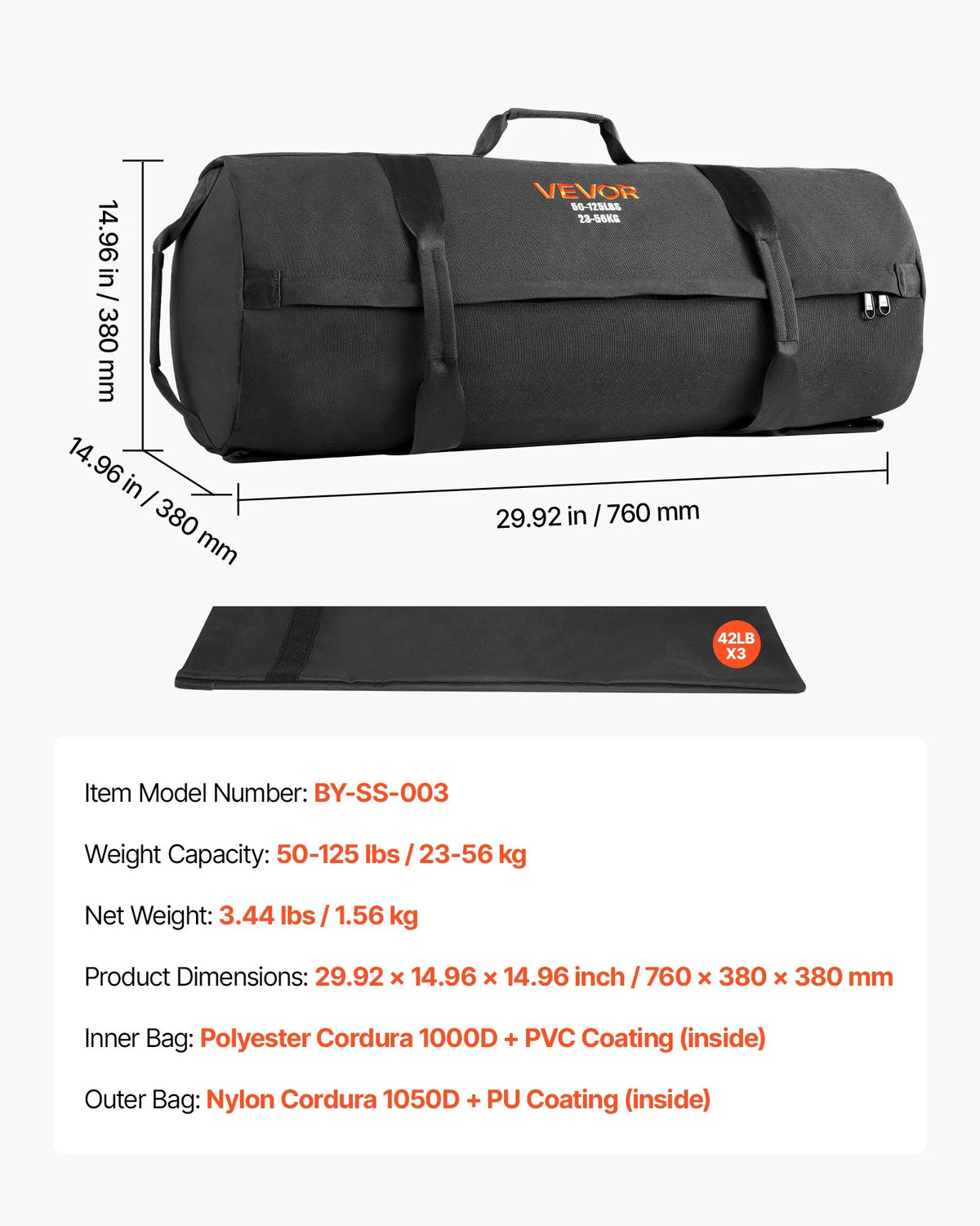 VEVOR regulējams treniņu smilšu maiss ar rokturiem, 23–56 kg, fitnesa un spēka treniņiem, melns (bez pildījuma)