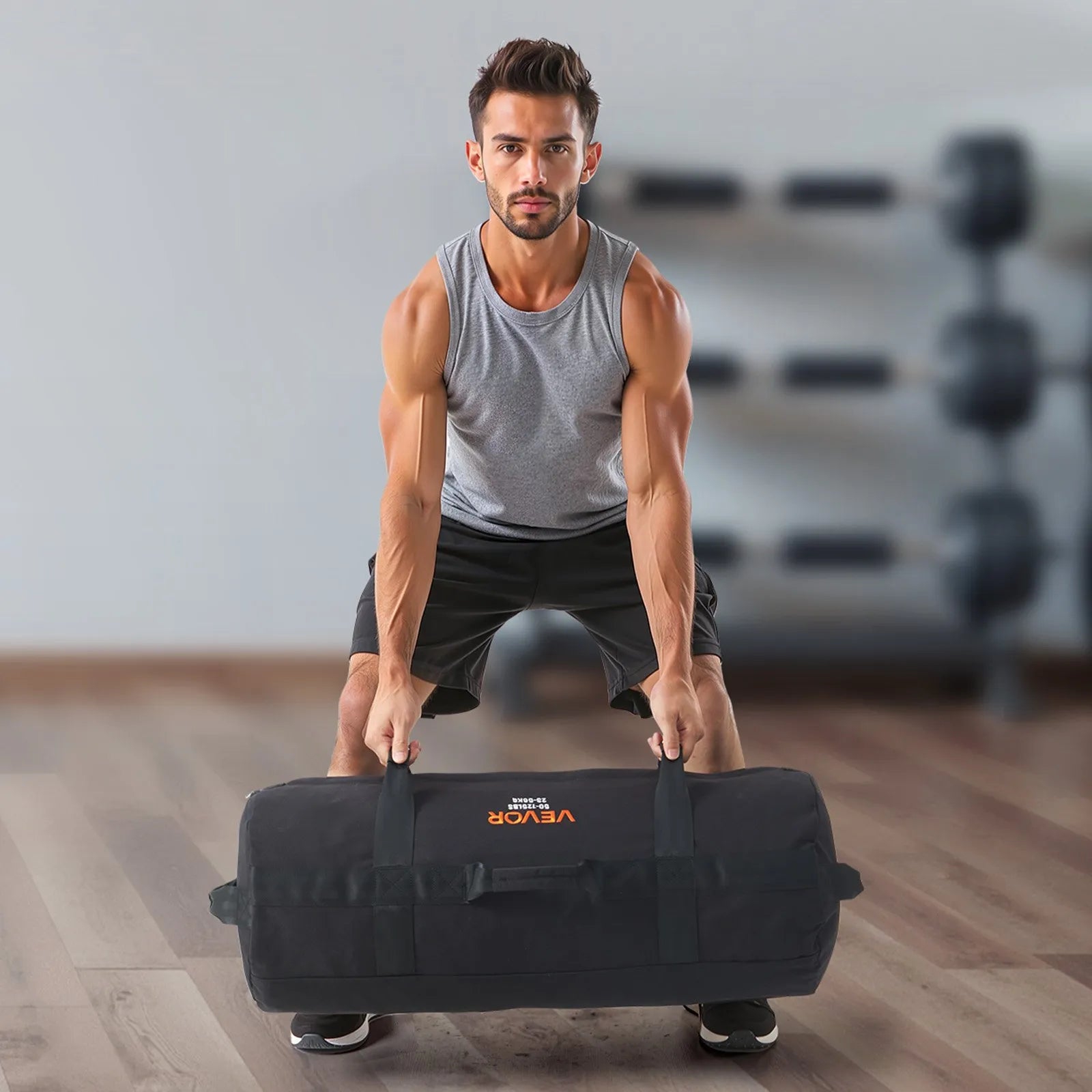 VEVOR regulējams treniņu smilšu maiss ar rokturiem, 23–56 kg, fitnesa un spēka treniņiem, melns (bez pildījuma)