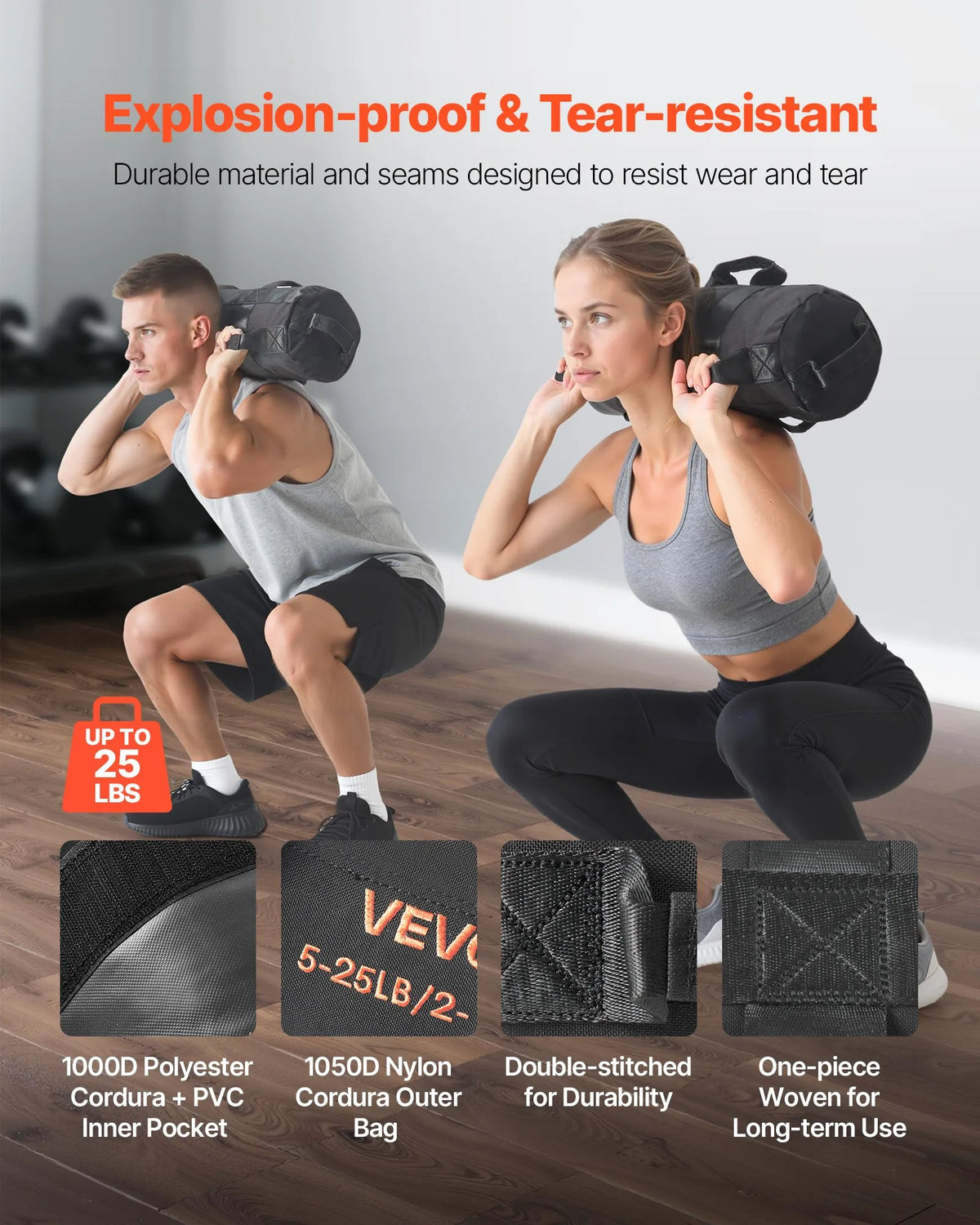 VEVOR regulējams treniņu smilšu maiss ar rokturiem, 2–11 kg, fitnesa un spēka treniņiem, melns (bez pildījuma)