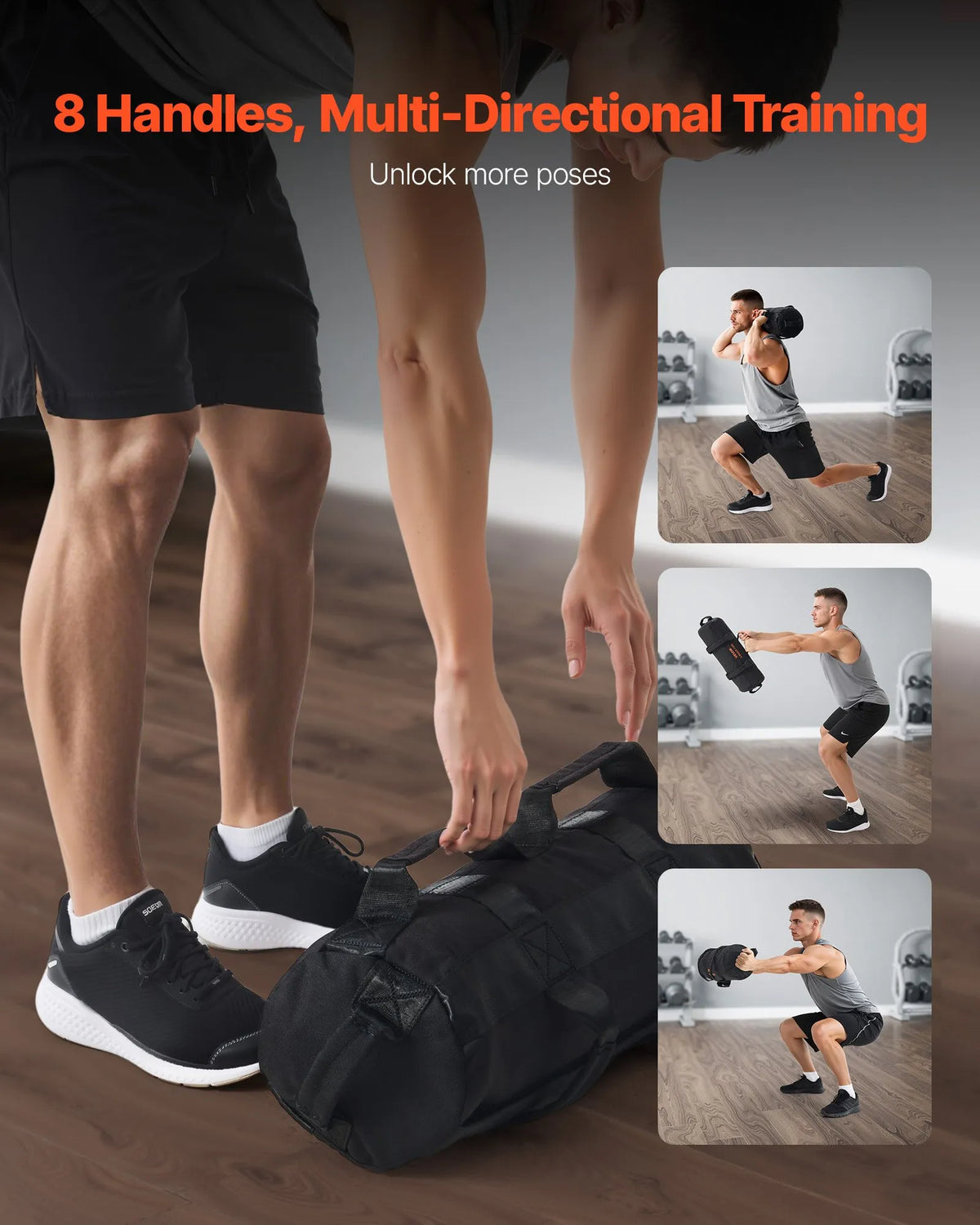 VEVOR regulējams treniņu smilšu maiss ar rokturiem, 2–11 kg, fitnesa un spēka treniņiem, melns (bez pildījuma)