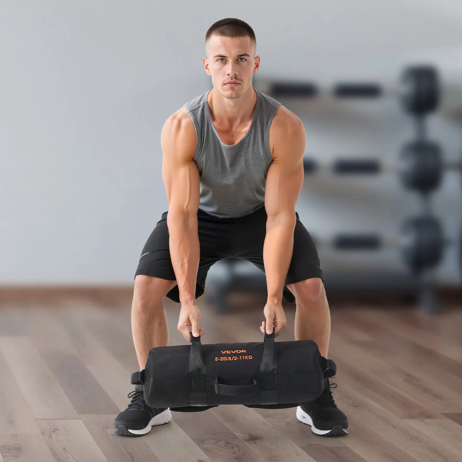 VEVOR regulējams treniņu smilšu maiss ar rokturiem, 2–11 kg, fitnesa un spēka treniņiem, melns (bez pildījuma)