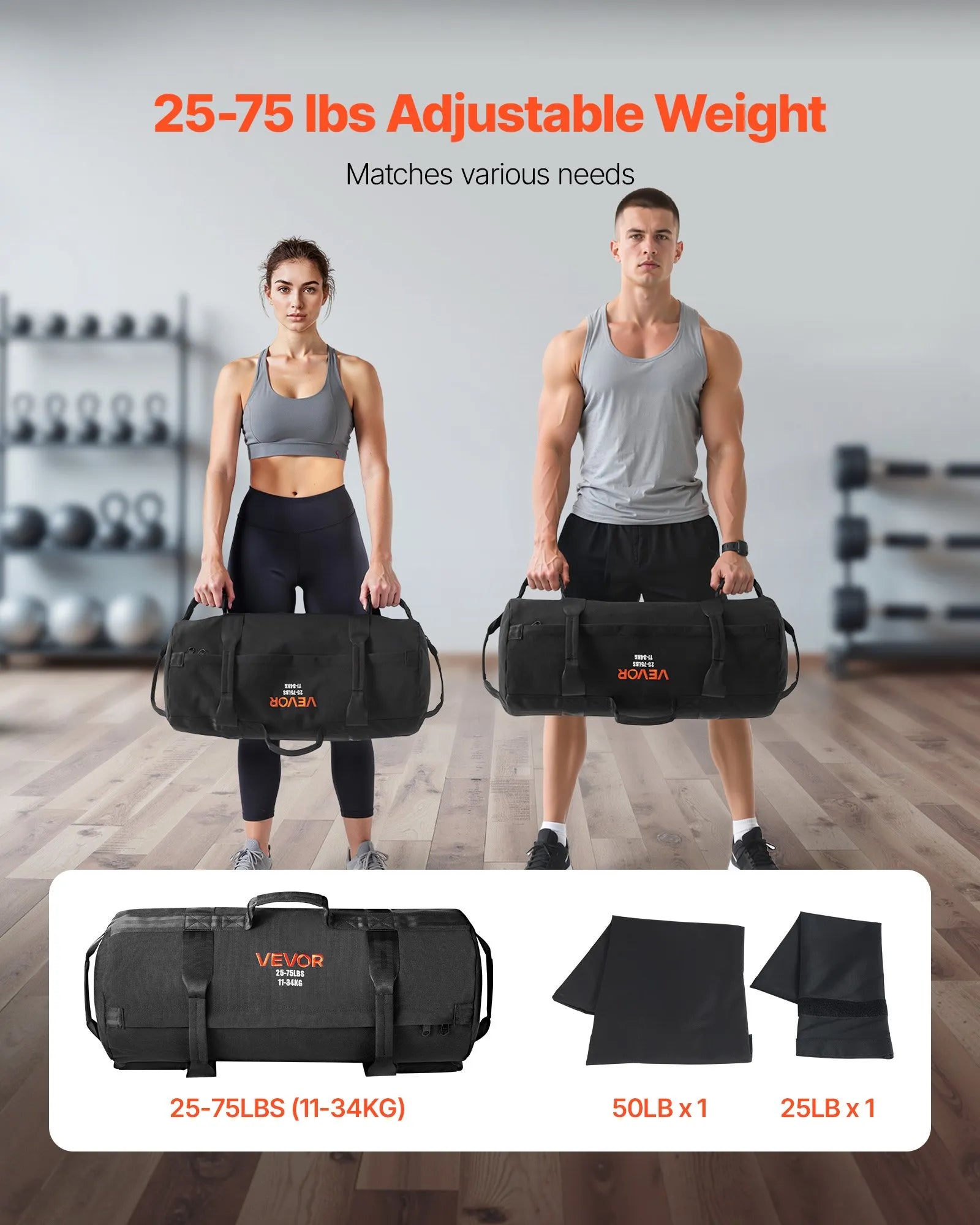 VEVOR regulējams treniņu smilšu maiss ar rokturiem, 11–34 kg, fitnesa un spēka treniņiem, melns (bez pildījuma)