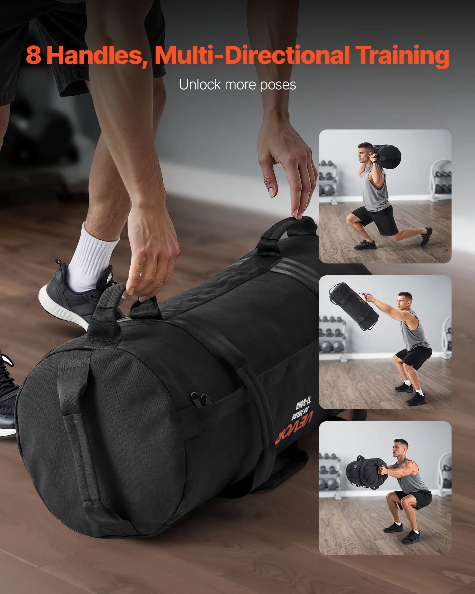 VEVOR regulējams treniņu smilšu maiss ar rokturiem, 11–34 kg, fitnesa un spēka treniņiem, melns (bez pildījuma)
