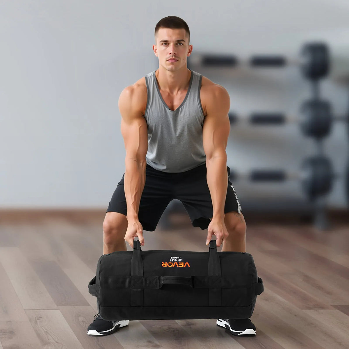 VEVOR regulējams treniņu smilšu maiss ar rokturiem, 11–34 kg, fitnesa un spēka treniņiem, melns (bez pildījuma)