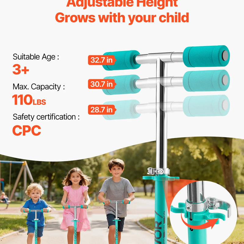 VEVOR divriteņu skrejritenis bērniem no 3 gadu vecuma ar LED gaismas riteņiem, regulējamu stūres augstumu, platu pretslīdes platformu, salokāmu un vieglu rāmi, kravnesība līdz 49,9 kg, zaļš