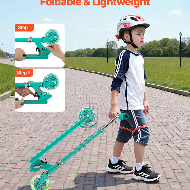 VEVOR divriteņu skrejritenis bērniem no 3 gadu vecuma ar LED gaismas riteņiem, regulējamu stūres augstumu, platu pretslīdes platformu, salokāmu un vieglu rāmi, kravnesība līdz 49,9 kg, zaļš