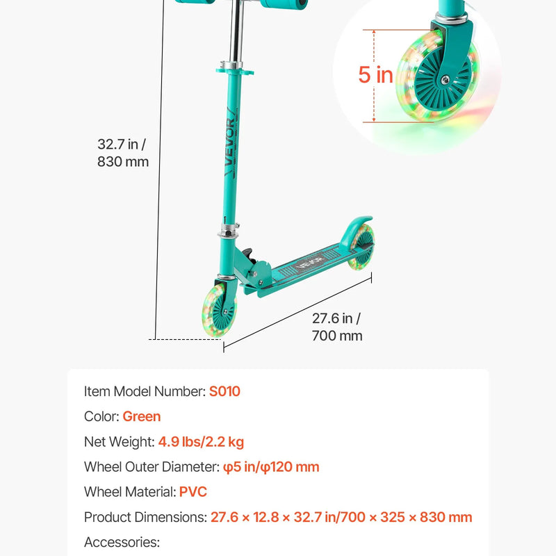 VEVOR divriteņu skrejritenis bērniem no 3 gadu vecuma ar LED gaismas riteņiem, regulējamu stūres augstumu, platu pretslīdes platformu, salokāmu un vieglu rāmi, kravnesība līdz 49,9 kg, zaļš