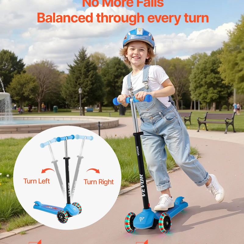 VEVOR trīsriteņu skrejritenis bērniem no 3 gadu vecuma ar LED gaismas riteņiem, regulējamu stūres augstumu, platu pretslīdes platformu un vieglu alumīnija rāmi, kravnesība līdz 74,8 kg, zils