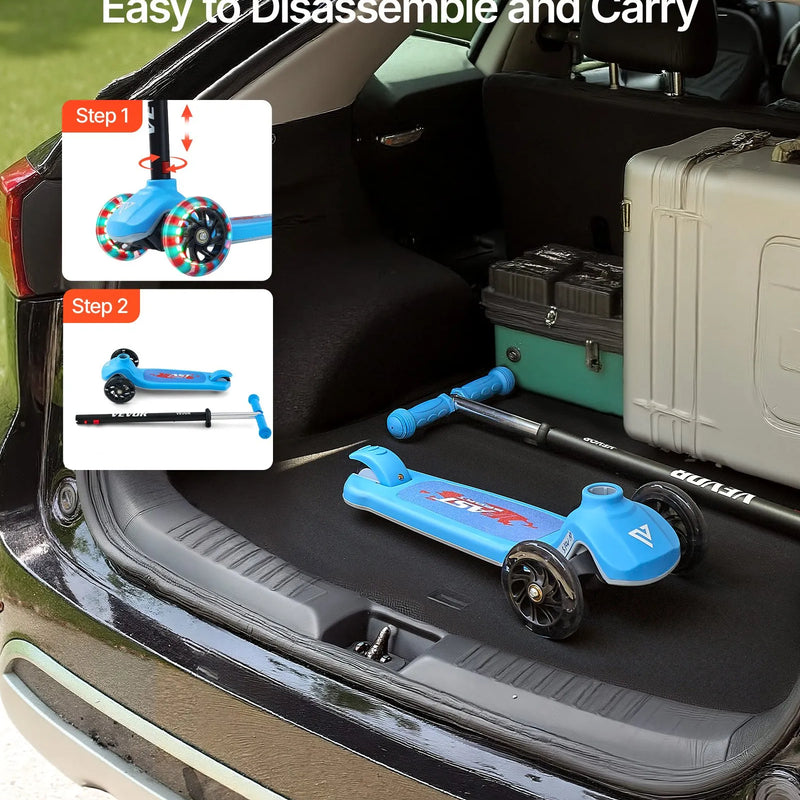 VEVOR trīsriteņu skrejritenis bērniem no 3 gadu vecuma ar LED gaismas riteņiem, regulējamu stūres augstumu, platu pretslīdes platformu un vieglu alumīnija rāmi, kravnesība līdz 74,8 kg, zils