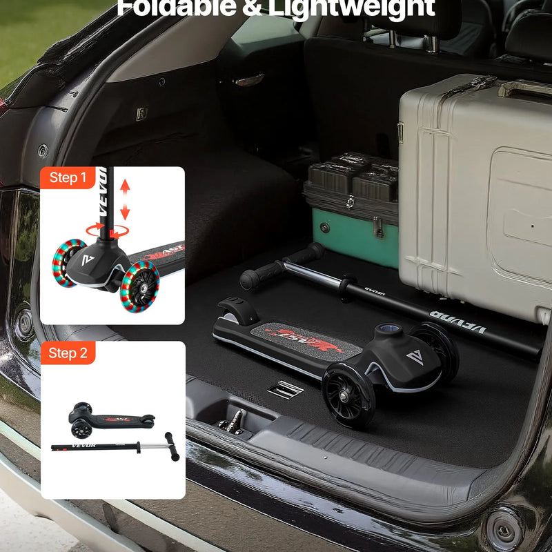 VEVOR trīsriteņu skrejritenis bērniem no 3 gadu vecuma ar LED gaismas riteņiem, regulējamu stūres augstumu, platu pretslīdes platformu un vieglu alumīnija rāmi, kravnesība līdz 74,8 kg, melns