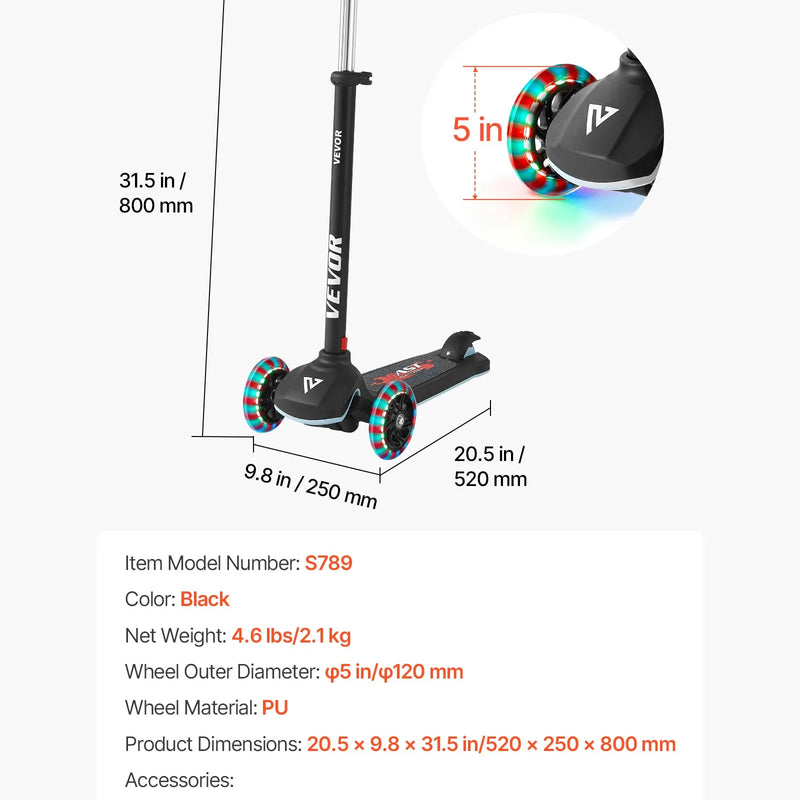 VEVOR trīsriteņu skrejritenis bērniem no 3 gadu vecuma ar LED gaismas riteņiem, regulējamu stūres augstumu, platu pretslīdes platformu un vieglu alumīnija rāmi, kravnesība līdz 74,8 kg, melns