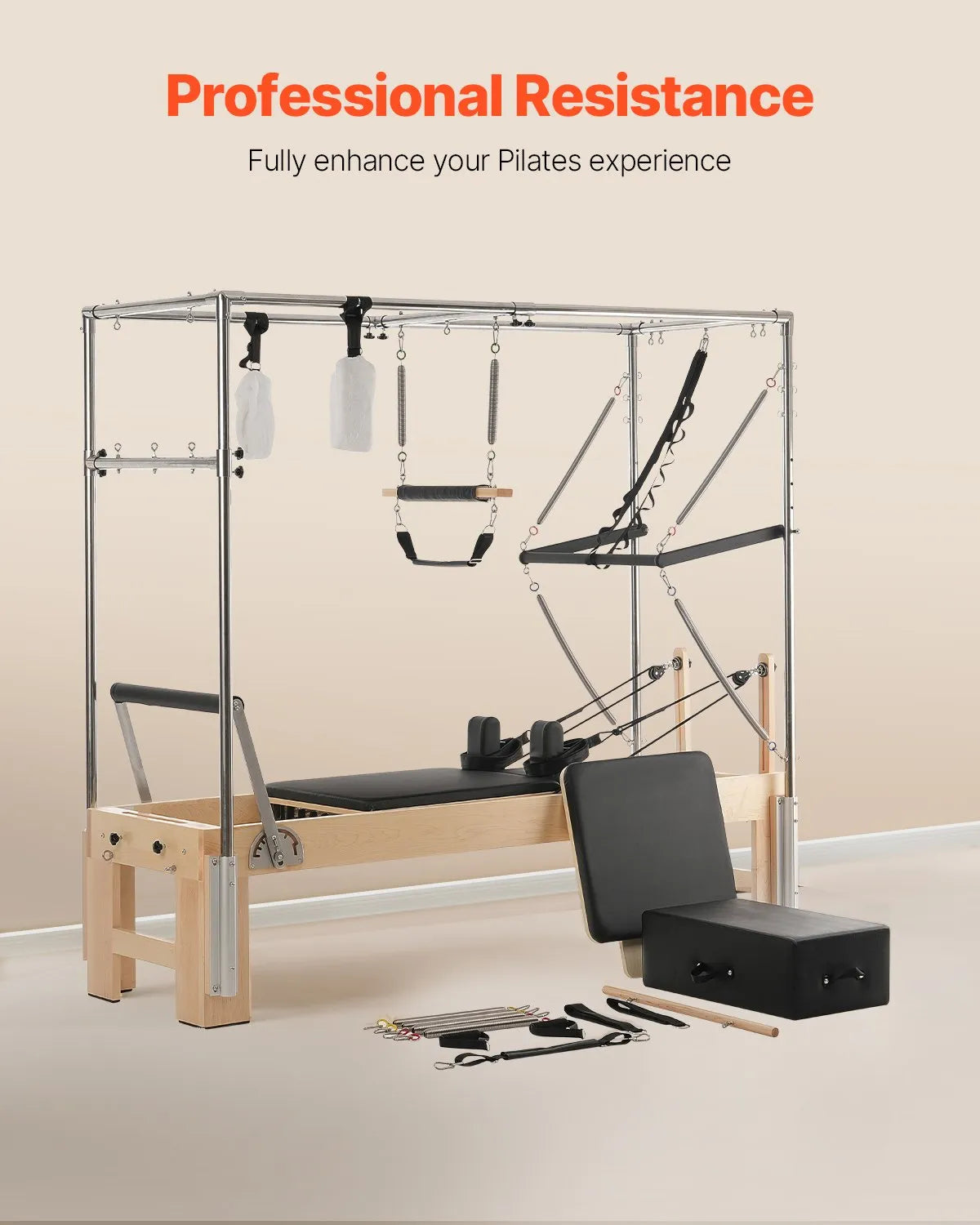 VEVOR pilates reformeris no koka ar dubulto pretestību, treniņu aprīkojums ar reformera kasti un lēciena platformu, piemērots iesācējiem un pieredzējušiem lietotājiem, slodze līdz 181 kg