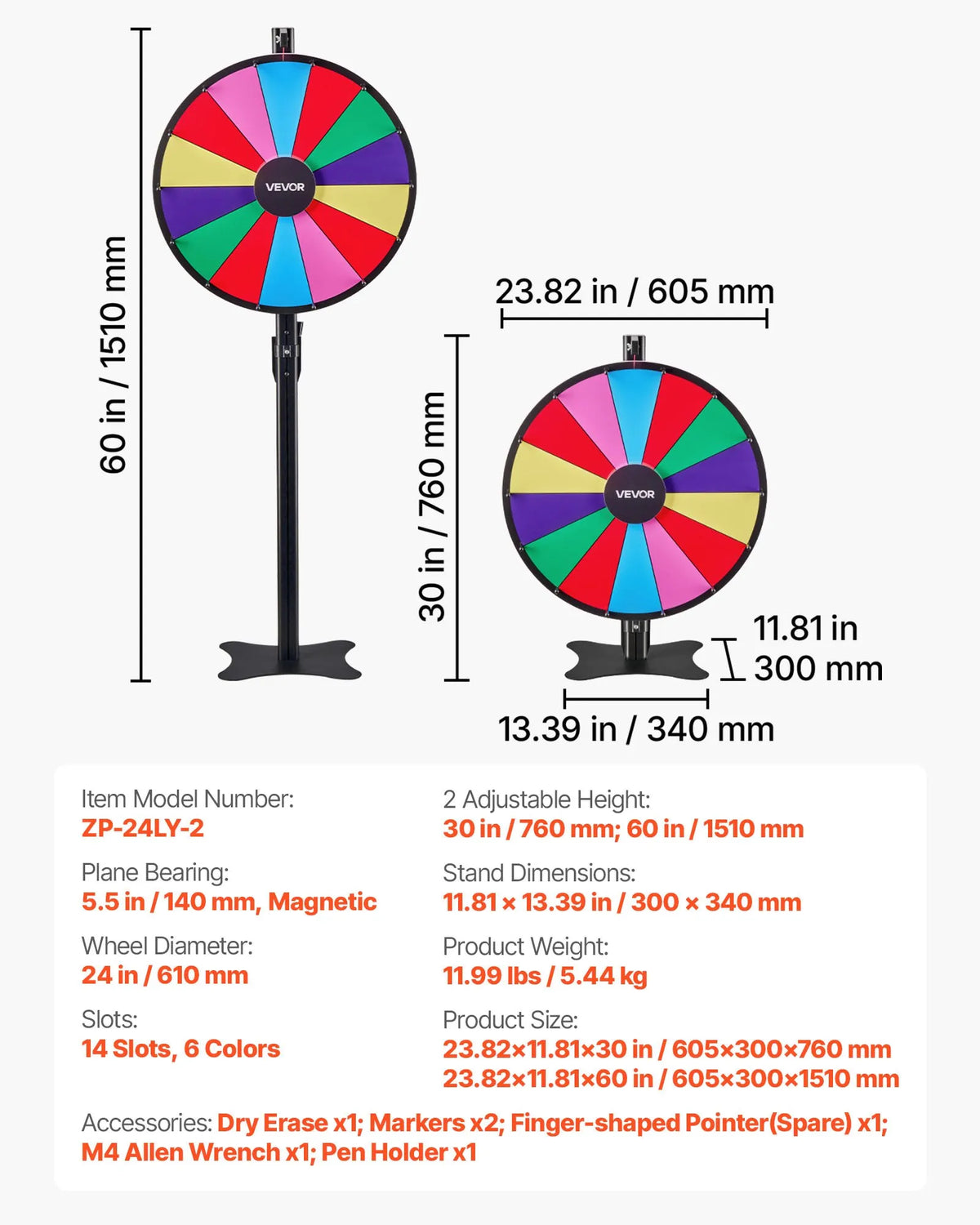 VEVOR 610 mm laimes rats ar statīvu, 14 nodalījumi, regulējams augstums, ar dzēšamu virsmu un 2 marķieriem, 6 krāsas, viegla montāža, ballītēm, bāriem, izstādēm un karnevāliem
