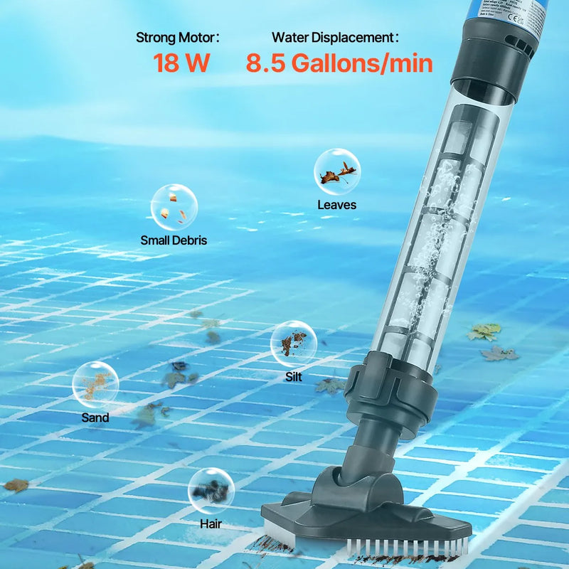 VEVOR Bezvadu rokas baseina putekļsūcējs, 8,5 GPM, ar pagarināmu kātu, spēcīga sūkšana dziļai tīrīšanai, uzlādējams baseina tīrītājs ar līdz 1 stundai darbības laiku, paredzēts virszemes un iebūvējamiem baseiniem un spa