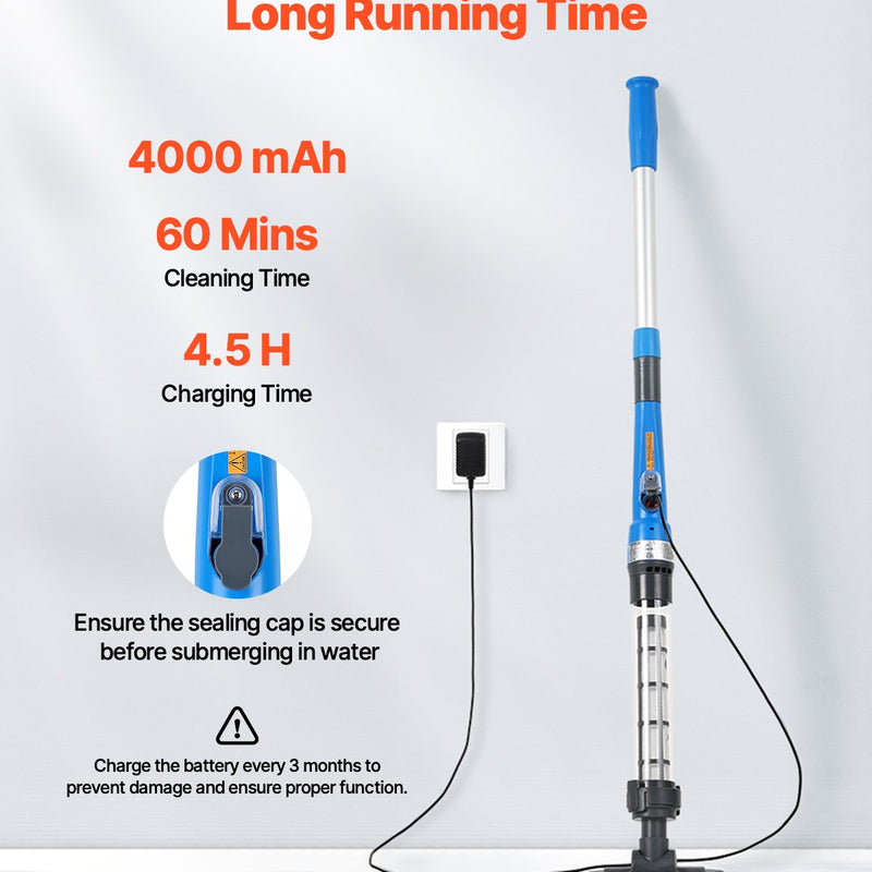 VEVOR Bezvadu rokas baseina putekļsūcējs, 8,5 GPM, ar pagarināmu kātu, spēcīga sūkšana dziļai tīrīšanai, uzlādējams baseina tīrītājs ar līdz 1 stundai darbības laiku, paredzēts virszemes un iebūvējamiem baseiniem un spa