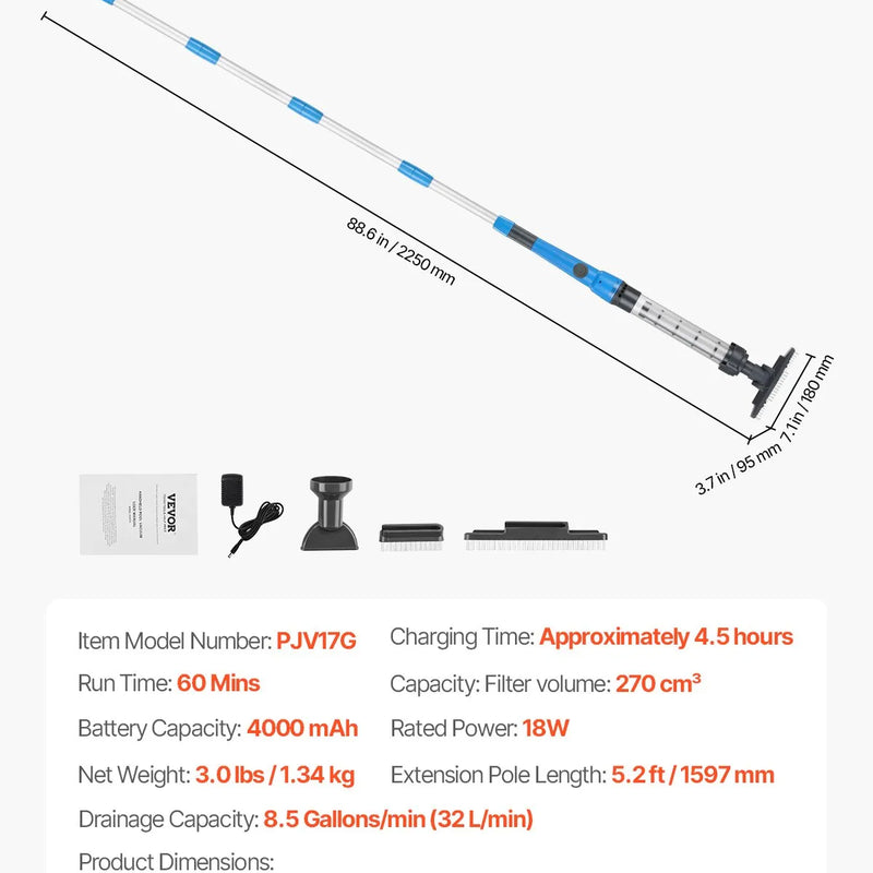 VEVOR Bezvadu rokas baseina putekļsūcējs, 8,5 GPM, ar pagarināmu kātu, spēcīga sūkšana dziļai tīrīšanai, uzlādējams baseina tīrītājs ar līdz 1 stundai darbības laiku, paredzēts virszemes un iebūvējamiem baseiniem un spa