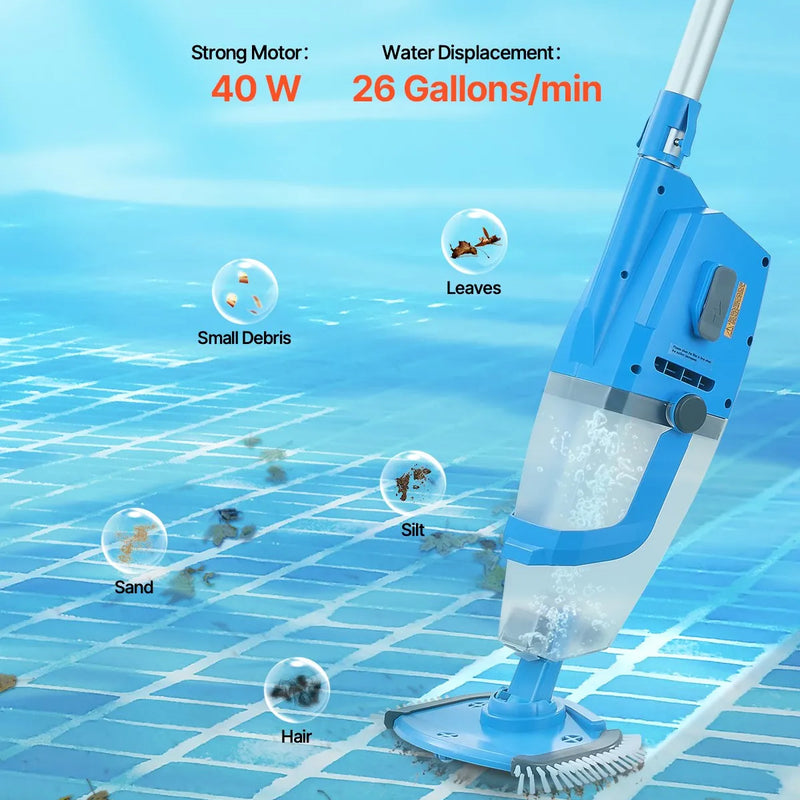 VEVOR Bezvadu rokas baseina putekļsūcējs, 26 GPM, ar pagarināmu kātu, spēcīga sūkšana dziļai tīrīšanai, uzlādējams, darbības laiks līdz 1 stundai, paredzēts virszemes un iebūvējamiem baseiniem un spa
