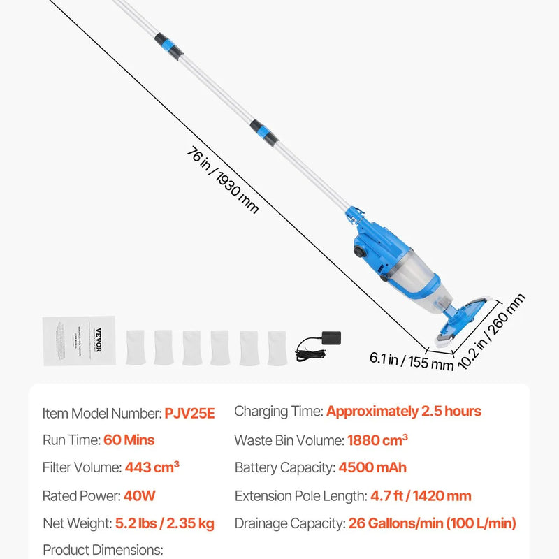 VEVOR Bezvadu rokas baseina putekļsūcējs, 26 GPM, ar pagarināmu kātu, spēcīga sūkšana dziļai tīrīšanai, uzlādējams, darbības laiks līdz 1 stundai, paredzēts virszemes un iebūvējamiem baseiniem un spa