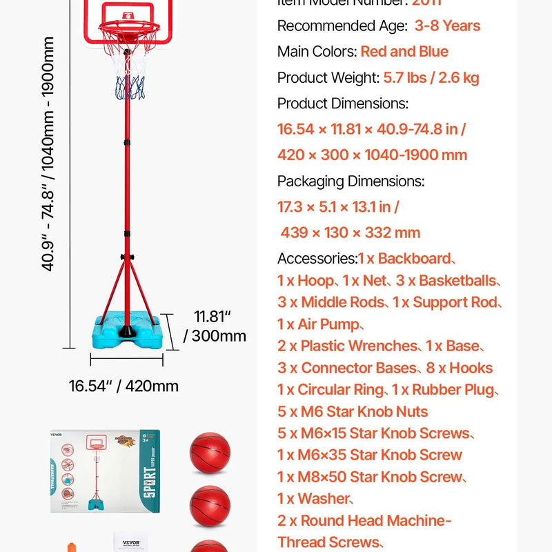 VEVOR Bērnu basketbola statīvs ar regulējamu augstumu un uzpildāmu pamatni, pārnēsājams basketbola komplekts iekštelpām un pagalmam, piemērots bērniem 3–8 gadi, zēniem un meitenēm