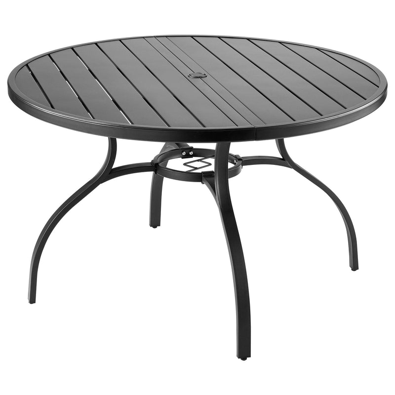 VEVOR āra terases apaļš metāla tērauda līstīšu ēdamgalds Ø120 cm ar 38 mm saulessarga atveri, dārzam un lievenim, melns