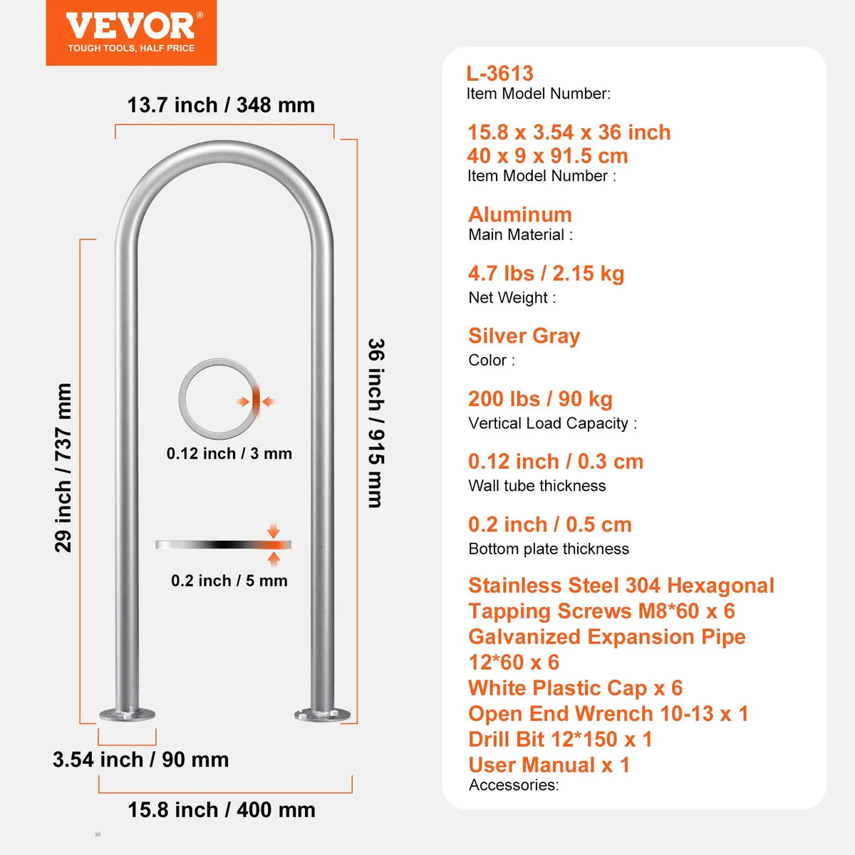 VEVOR baseina margas 91,4 × 33 cm, alumīnija drošības margas ar pamatnes plāksni iekštelpu un āra baseiniem, ergonomiskas peldbaseina drošības margas terasēm, rūsas izturīgs satvēriena rokturis ar piederumiem SPA zonām un piestātnēm