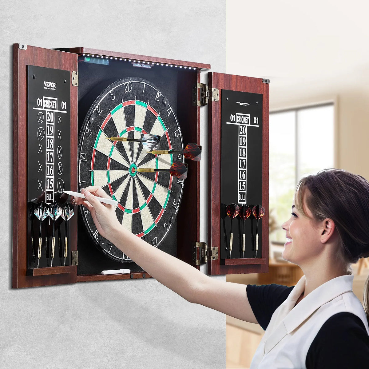VEVOR Šautriņu dēlis ar skapi, Gatavs spēlei oficiāla izmēra šautriņu dēļa skapis, Tērauda uzgaļa šautriņu slēpjams skapis ar LED apgaismojumu, Viegla montāža, Pilns piederumu komplekts, Piemērots kriketa spēlei