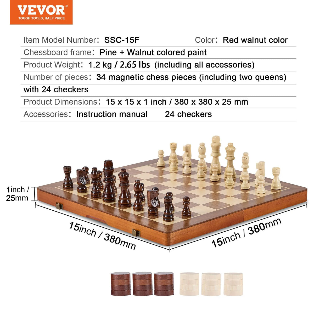 VEVOR magnētiskais koka šaha komplekts, 381 mm 2 vienā šaha un dambretes spēļu komplekts, salokāma šaha galda spēle pieaugušajiem un bērniem, 2 dāmas, pārnēsājams ceļojumu komplekts turnīriem, profesionāļiem un iesācējiem