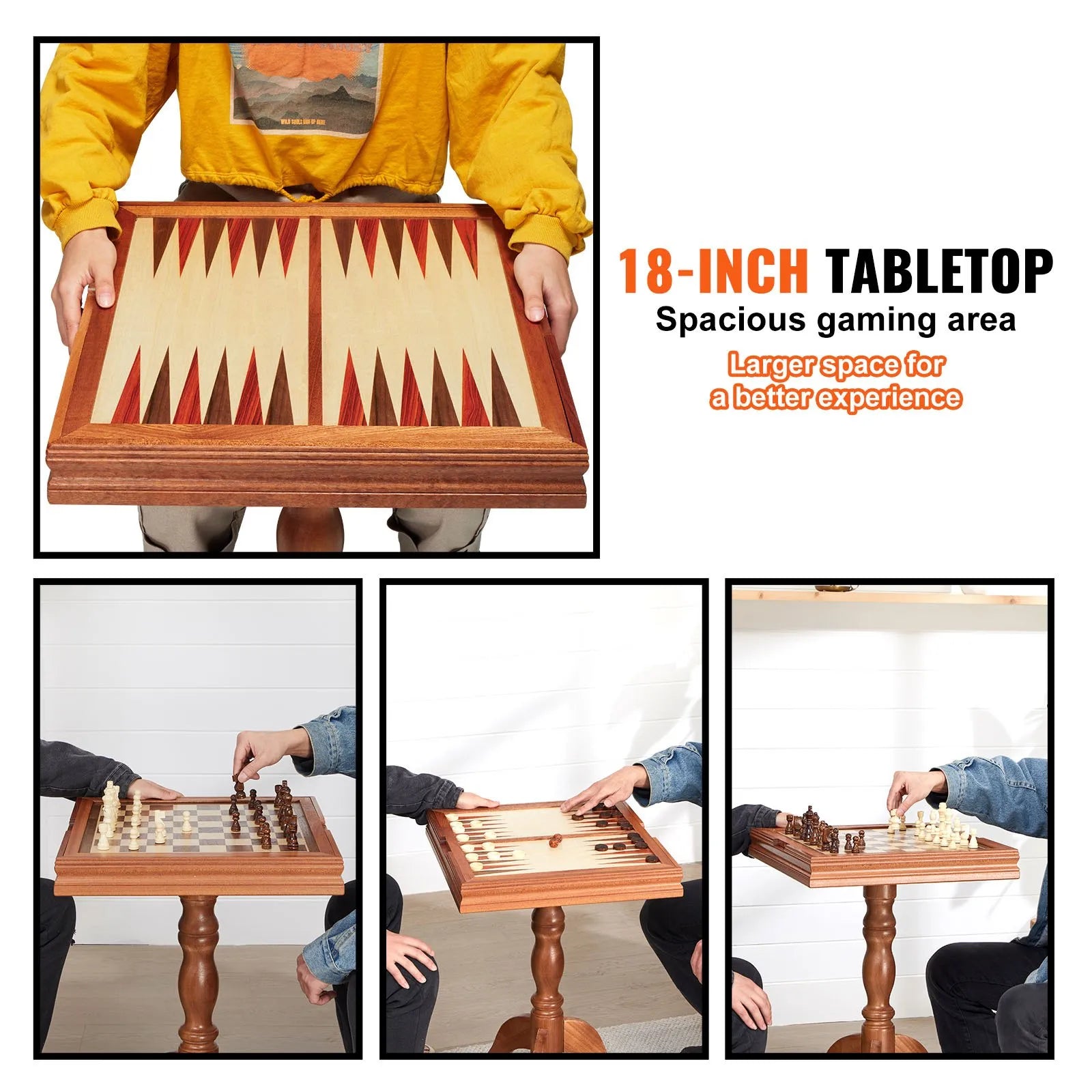 VEVOR 3 vienā šaha, dambretes un bekgemona galda komplekts, 457 mm premium koka šaha galds, luksusa kombinētais spēļu galda mēbeļu komplekts, galda spēļu dāvana ģimenei