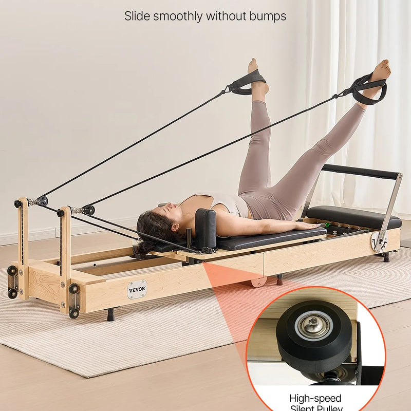 VEVOR salokāms koka pilates reformeris ar dubulto pretestību (atsperes un troses), pilates gulta ar sēdēšanas kasti, piemērots mājas sporta zālei un studijai, slodze līdz 181 kg