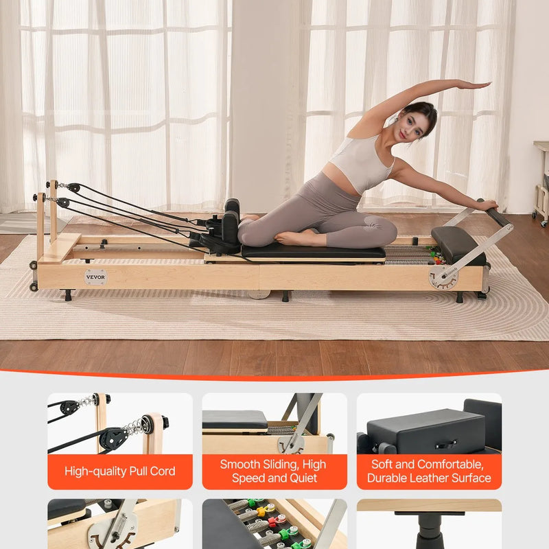 VEVOR salokāms koka pilates reformeris ar dubulto pretestību (atsperes un troses), pilates gulta ar sēdēšanas kasti, piemērots mājas sporta zālei un studijai, slodze līdz 181 kg