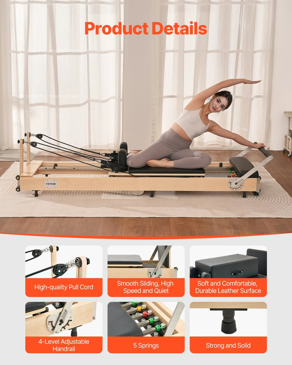 VEVOR salokāms koka pilates reformeris ar dubulto pretestību (atsperes un troses), pilates gulta ar sēdēšanas kasti, piemērots mājas sporta zālei un studijai, slodze līdz 181 kg