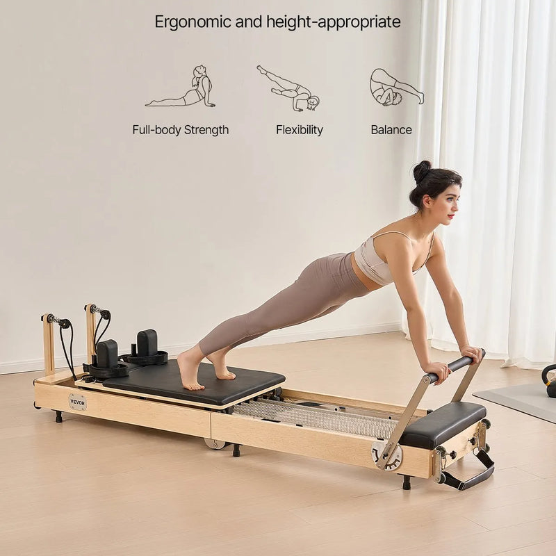 VEVOR salokāms koka pilates reformeris ar dubulto pretestību (atsperes un troses), pilates gulta ar sēdēšanas kasti, piemērots mājas sporta zālei un studijai, slodze līdz 181 kg