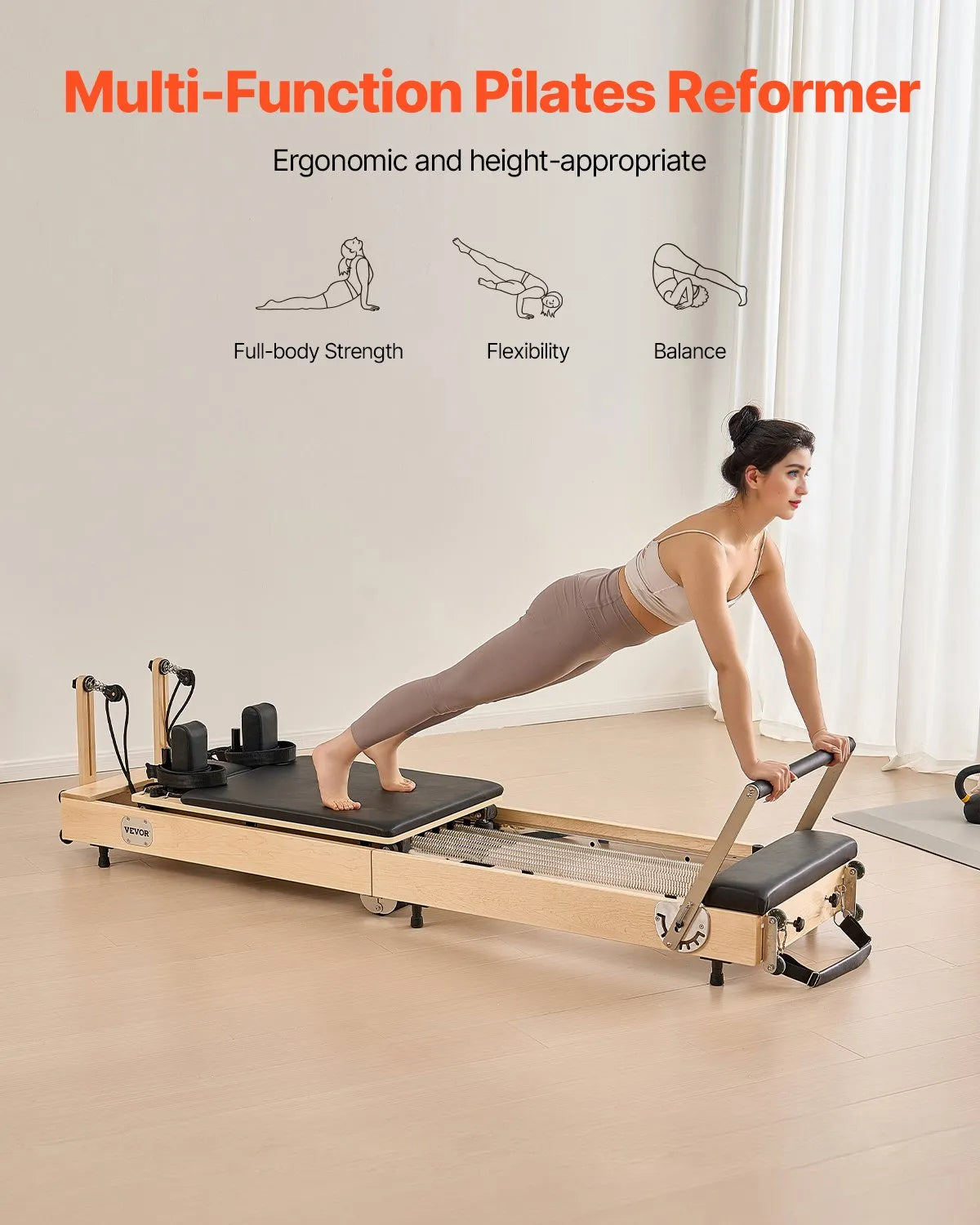 VEVOR salokāms koka pilates reformeris ar dubulto pretestību (atsperes un troses), pilates gulta ar sēdēšanas kasti, piemērots mājas sporta zālei un studijai, slodze līdz 181 kg