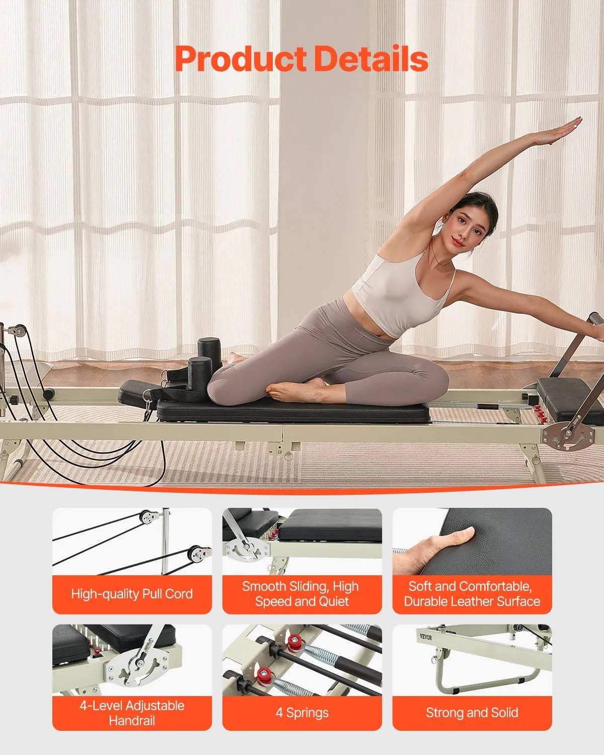 VEVOR salokāms pilates reformeris ar dubulto pretestību (atsperes un troses), pilates treniņu iekārta mājas sporta zālei un studijai, piemērots iesācējiem un pieredzējušiem lietotājiem, slodze līdz 181 kg