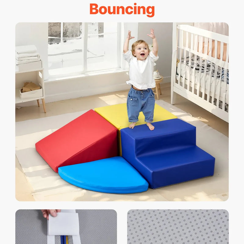 VEVOR Bērnu kāpšanas rotaļu komplekts, 4 daļas, putu kāpšanas bloki bērniem no 6 mēnešiem līdz 3 gadiem, PU ādas pārklājums, iekštelpu rāpošanas un slīdēšanas aktivitāšu komplekts, viegli tīrāms