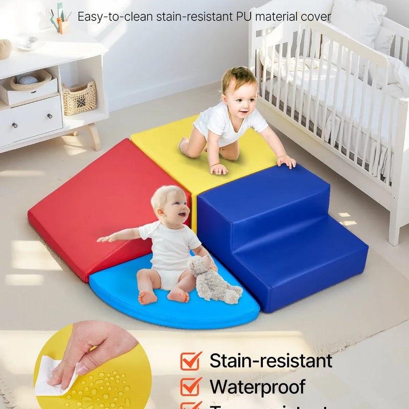 VEVOR Bērnu kāpšanas rotaļu komplekts, 4 daļas, putu kāpšanas bloki bērniem no 6 mēnešiem līdz 3 gadiem, PU ādas pārklājums, iekštelpu rāpošanas un slīdēšanas aktivitāšu komplekts, viegli tīrāms