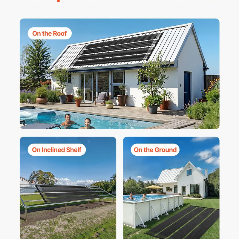 VEVOR Saules baseina sildītājs, 0,84 × 6,1 m HDPE saules kolektora panelis (2 gab.), izturīgs un laikapstākļu noturīgs, ar pilnu piederumu komplektu, universāls risinājums ūdens temperatūras paaugstināšanai virszemes un iebūvējamiem baseiniem