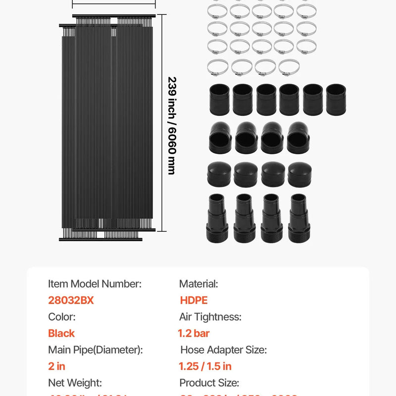 VEVOR Saules baseina sildītājs, 0,84 × 6,1 m HDPE saules kolektora panelis (2 gab.), izturīgs un laikapstākļu noturīgs, ar pilnu piederumu komplektu, universāls risinājums ūdens temperatūras paaugstināšanai virszemes un iebūvējamiem baseiniem
