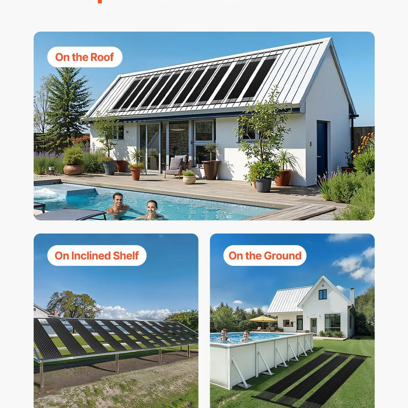 VEVOR Saules baseina sildītājs, 1,22 × 3,05 m HDPE saules paneļi (4 gab.) ar pilnu piederumu komplektu, izturīgi un laikapstākļu noturīgi, universāli ūdens temperatūras paaugstināšanai, piemēroti virszemes un iebūvējamajiem baseiniem