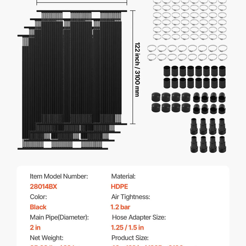 VEVOR Saules baseina sildītājs, 1,22 × 3,05 m HDPE saules paneļi (4 gab.) ar pilnu piederumu komplektu, izturīgi un laikapstākļu noturīgi, universāli ūdens temperatūras paaugstināšanai, piemēroti virszemes un iebūvējamajiem baseiniem