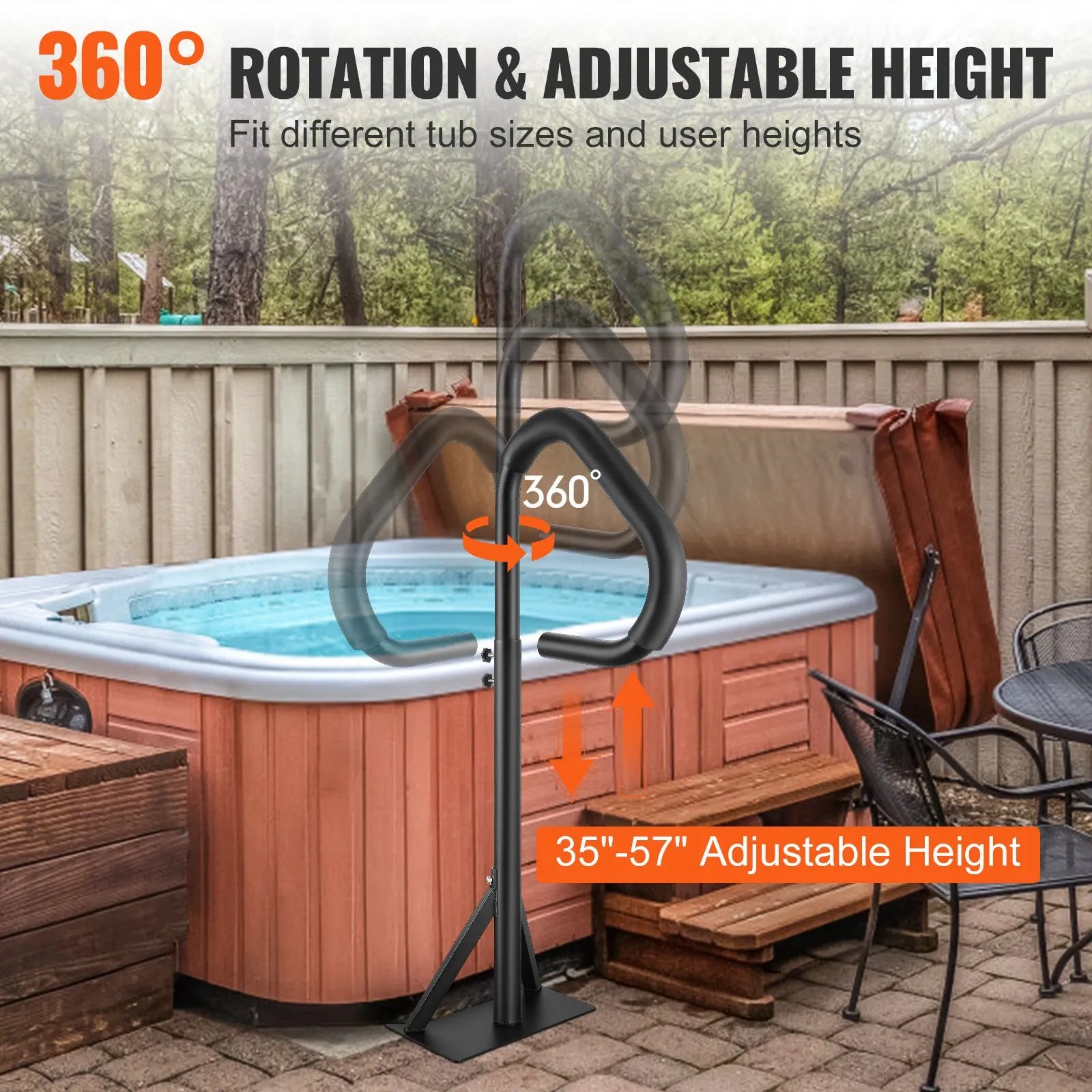 VEVOR grozāmas burbuļvannas margas, 360° rotācija, regulējams augstums 88,9–144,8 cm, rūsas izturīgas alumīnija sānu margas SPA un burbuļvannām ar pabīdāmu pamatni, lietošanai iekštelpās un ārā, kravnesība 272,2 kg