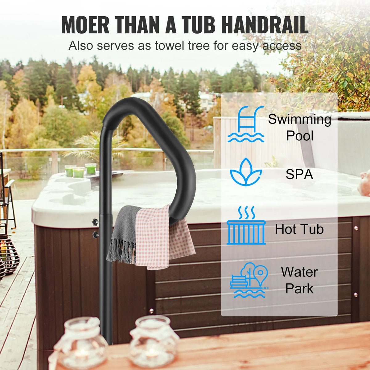 VEVOR grozāmas burbuļvannas margas, 360° rotācija, regulējams augstums 88,9–144,8 cm, rūsas izturīgas alumīnija sānu margas SPA un burbuļvannām ar pabīdāmu pamatni, lietošanai iekštelpās un ārā, kravnesība 272,2 kg
