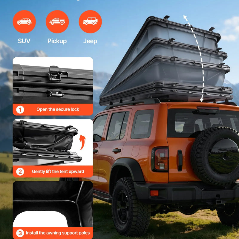 VEVOR jumta telts ar cieto apvalku 2–3 personām, alumīnija konstrukcija ar trīskrāsu LED apgaismojumu, biezs matracis un logs, ūdensizturīga un vēja noturīga, piemērota Jeep, SUV un pikapam