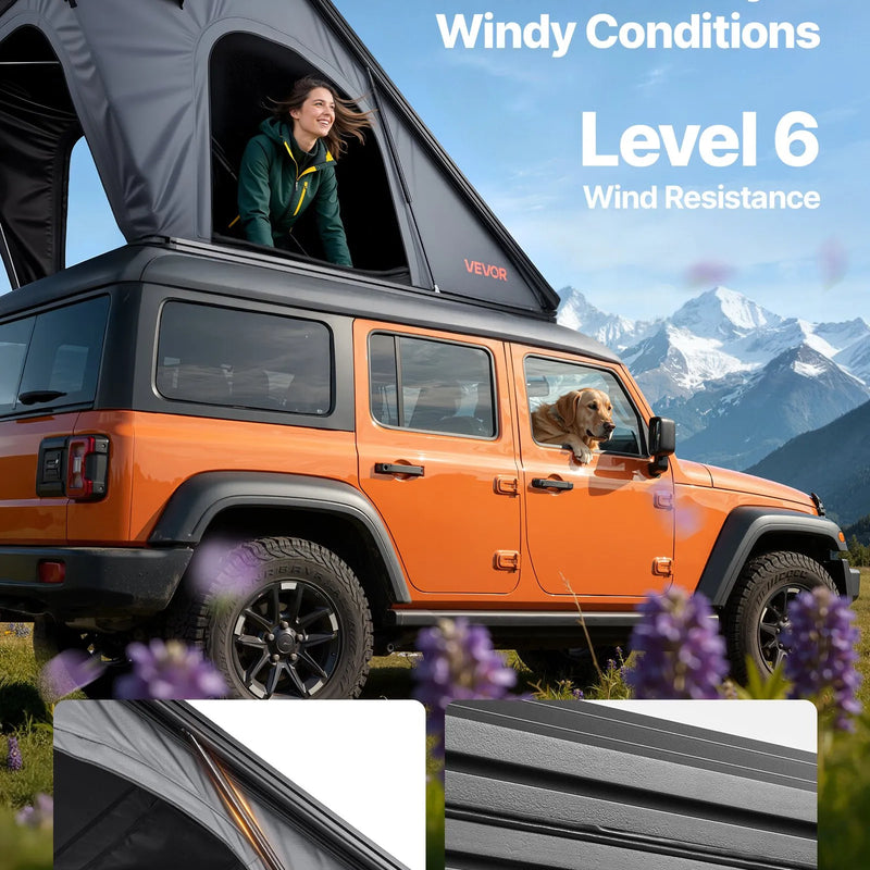 VEVOR jumta telts ar cieto apvalku 2–3 personām, alumīnija konstrukcija ar trīskrāsu LED apgaismojumu, biezs matracis un logs, ūdensizturīga un vēja noturīga, piemērota Jeep, SUV un pikapam