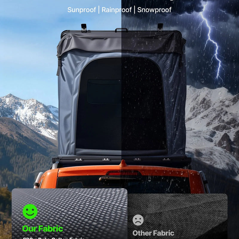 VEVOR jumta telts ar cieto apvalku 2–3 personām, alumīnija konstrukcija ar trīskrāsu LED apgaismojumu, biezs matracis un logs, ūdensizturīga un vēja noturīga, piemērota Jeep, SUV un pikapam