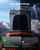 VEVOR jumta telts ar cieto apvalku 2–3 personām, alumīnija konstrukcija ar trīskrāsu LED apgaismojumu, biezs matracis un logs, ūdensizturīga un vēja noturīga, piemērota Jeep, SUV un pikapam